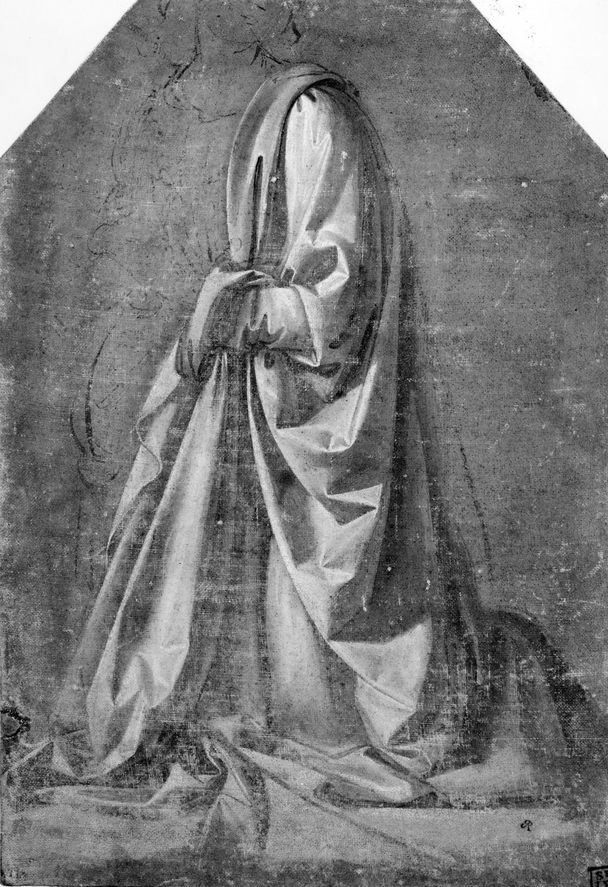Draperiestudie til en knælende figur set i trekvartprofil til venstre, ca. 1475 (tempera med hvidt skærpende lag på lærred) af Leonardo da Vinci