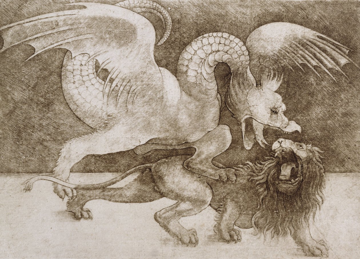 Kamp mellem en drage og en løve (pen og blæk på papir) (print) af Leonardo da Vinci