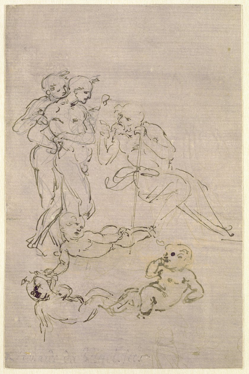 Figurstudie til tilbedelse af magi (Joseph og to hyrder og skitser til Kristusbarnet), ca. 1481 af Leonardo da Vinci