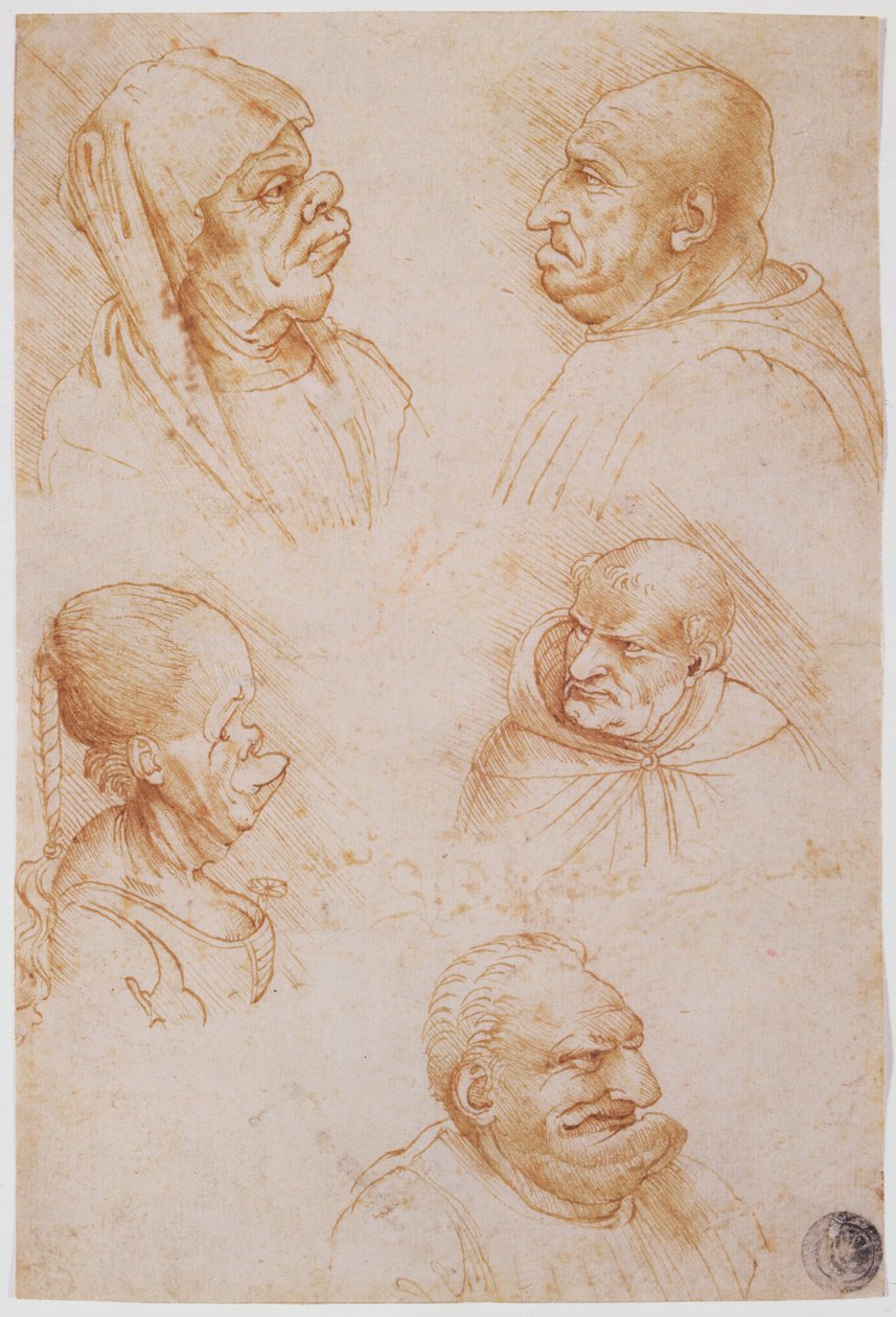 Fem undersøgelser af groteske ansigter (rødt kridt på papir) af Leonardo da Vinci