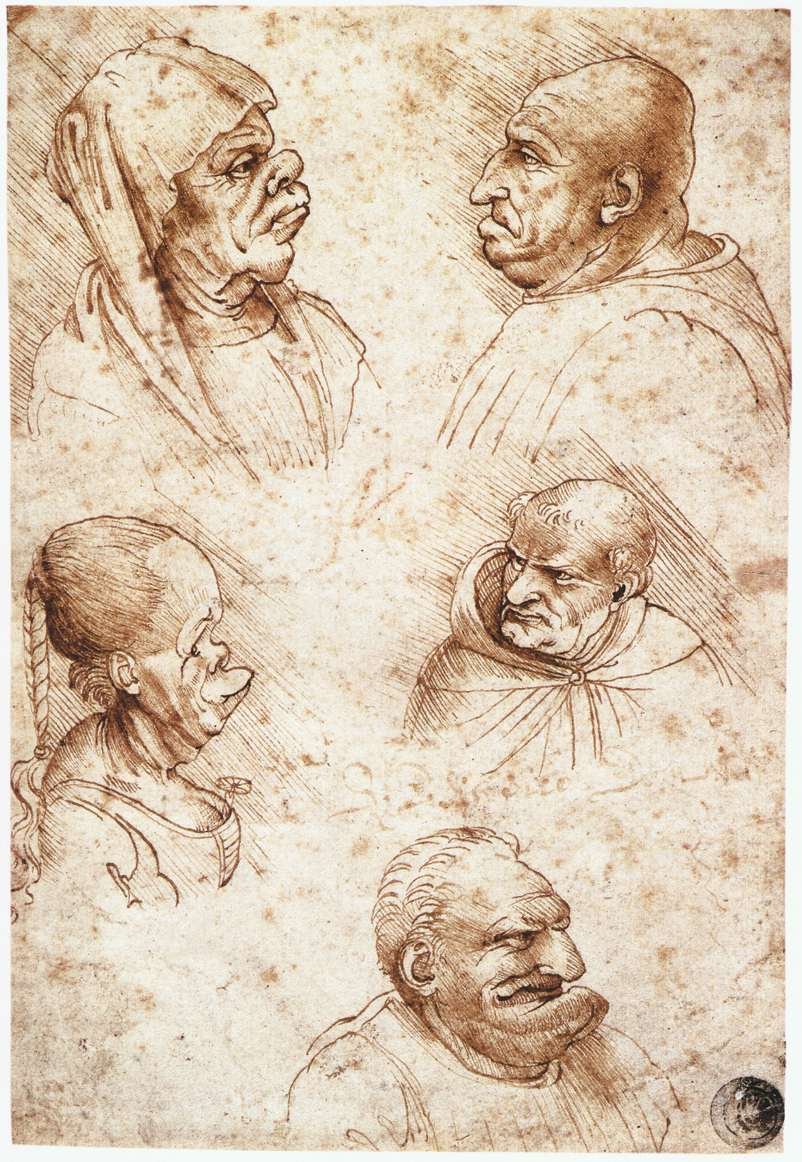 Fem karikaturhoveder af Leonardo da Vinci