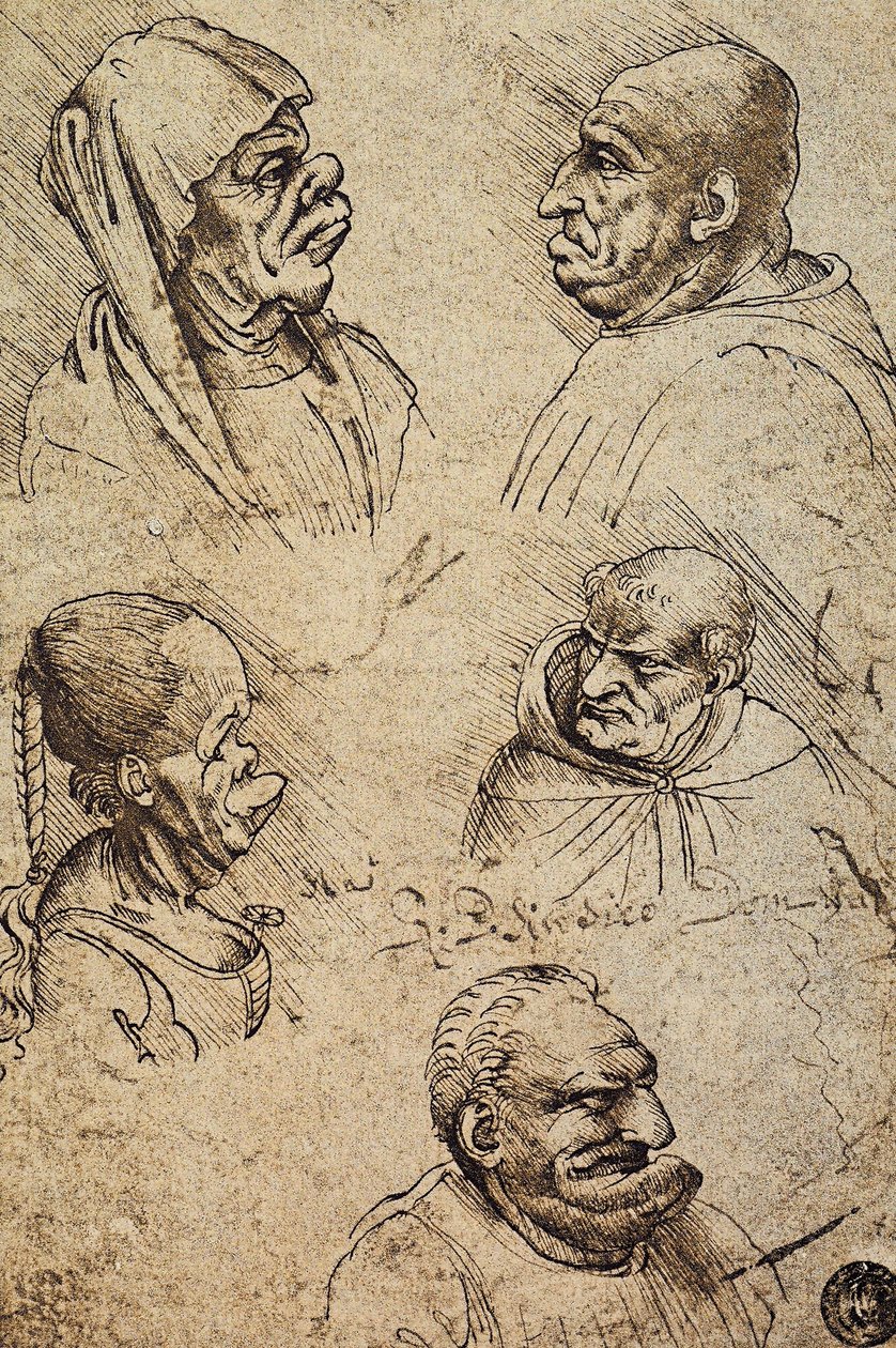 Fem groteske hoveder, tegning af Leonardo da Vinci. Gallerie dellAccademia, Venedig af Leonardo da Vinci