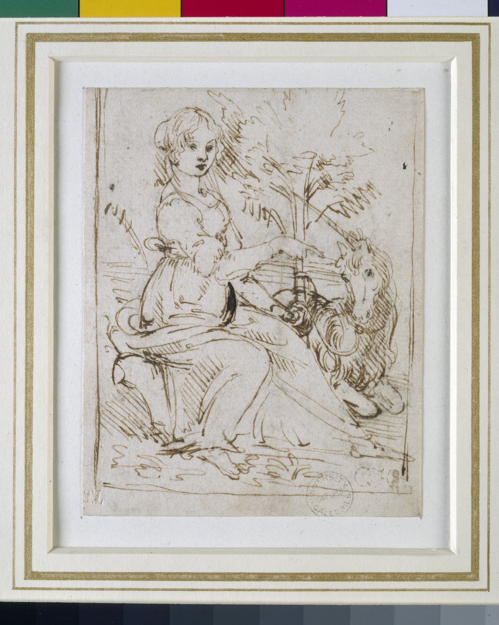 Dame med en enhjørning, ca. 1480 (pen og mørkebrunt blæk) af Leonardo da Vinci