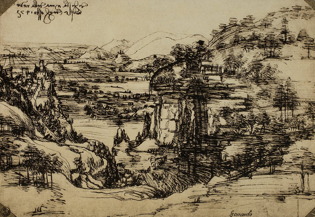 Landskab i Arno-dalen, pen på papir, Leonardo da Vinci (1452-1519), Kabinet for tegninger og tryk, Uffizi-galleriet, Firenze af Leonardo da Vinci