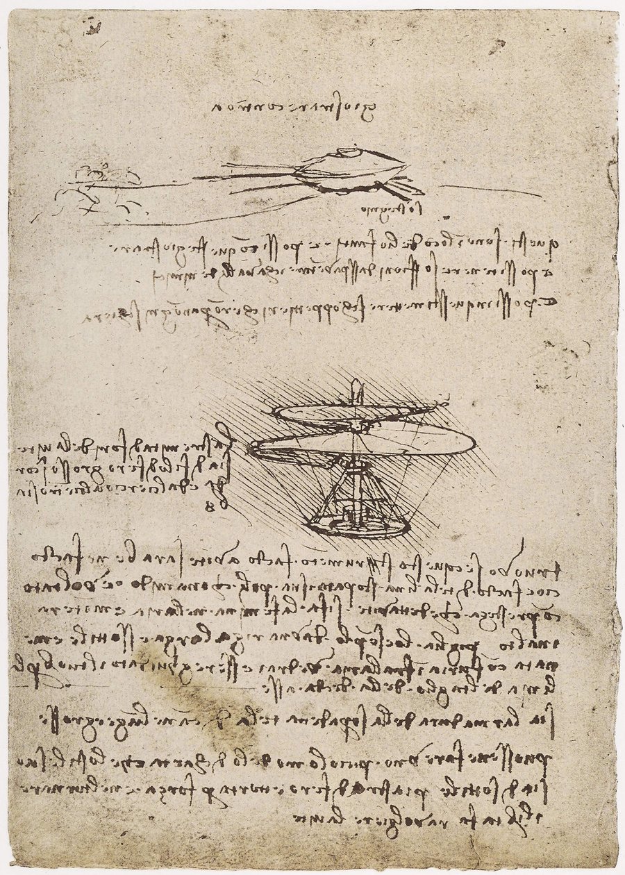 MS B 2173 fol. 83v Studier af en luftskrue, 1488-90 (pen og blæk på papir) (se også 162317) af Leonardo da Vinci