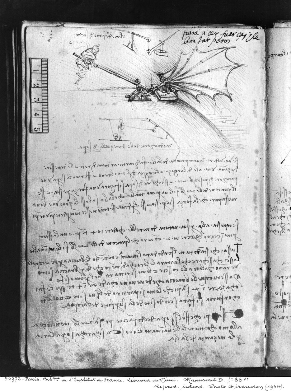 MS B fol.88v Test af belastningstolerancen for en vinge, 1487-90 (pen og blæk på papir) af Leonardo da Vinci
