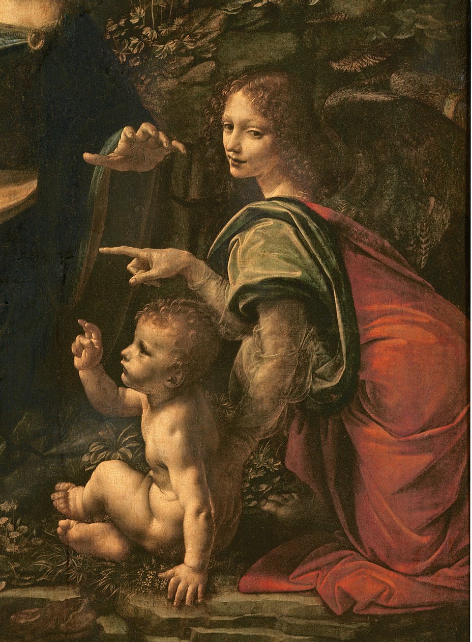Madonna of te Rocks detalje af Sankt Johannes og englen, 1483-6 olie på lærred af Leonardo da Vinci