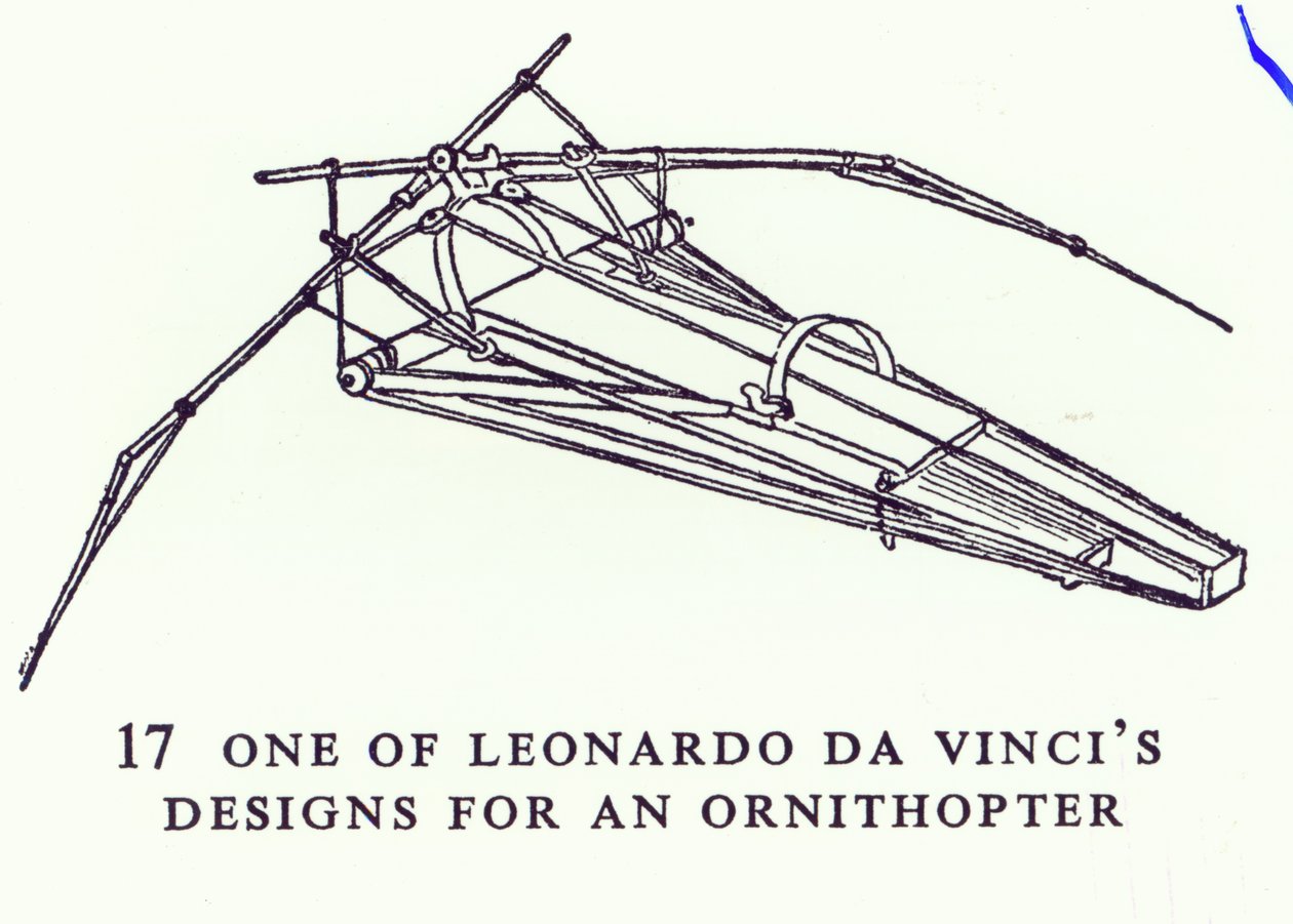 Et af Leonardo da Vincis design til en Ornithopter, kopi af et diagram fra Manuscript B, 1488-89 af Leonardo da Vinci