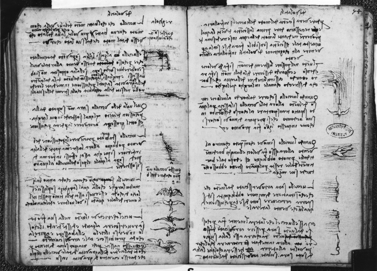 Paris Manuskript E, fol. 53v og 54r: Skitse, der viser fuglenes flugt, 1513-14 (pen og blæk på papir) af Leonardo da Vinci
