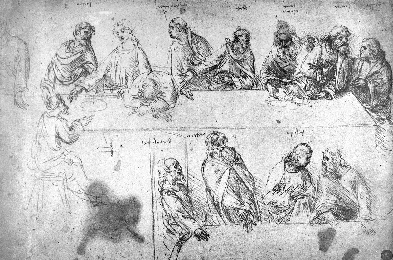 Tegning til forberedelse af den sidste nadver (sepiafarvet blæk på hørpapir) af Leonardo da Vinci