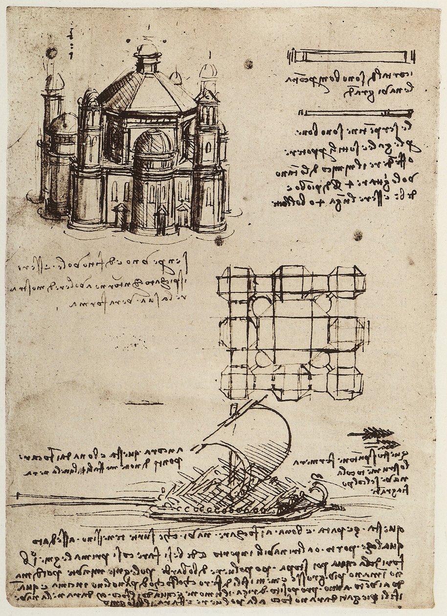 Projekt til en kirke bygget på en central akse og en båd med årer og sejl, tegning af Leonardo da Vinci, en del af Codex B (2173), c.39v, anbragt på Institut de France, Paris af Leonardo da Vinci