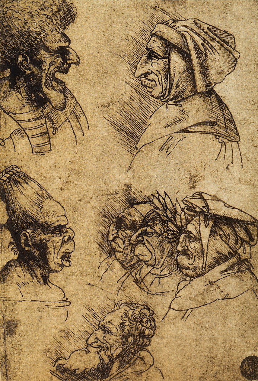 Syv groteske hoveder; tegning af Leonardo da Vinci. Gallerie dellAccademia, Venedig af Leonardo da Vinci