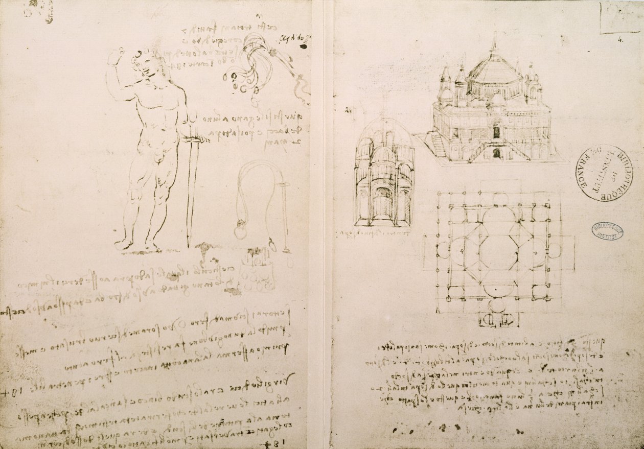 Skitse af en kirke, der ligner St. Sepolcro i Milano, fol. 4r fra Codex Ashburnham I og II (tidligere en del af Ms B (2184) og Ms A), ca. 1492 af Leonardo da Vinci