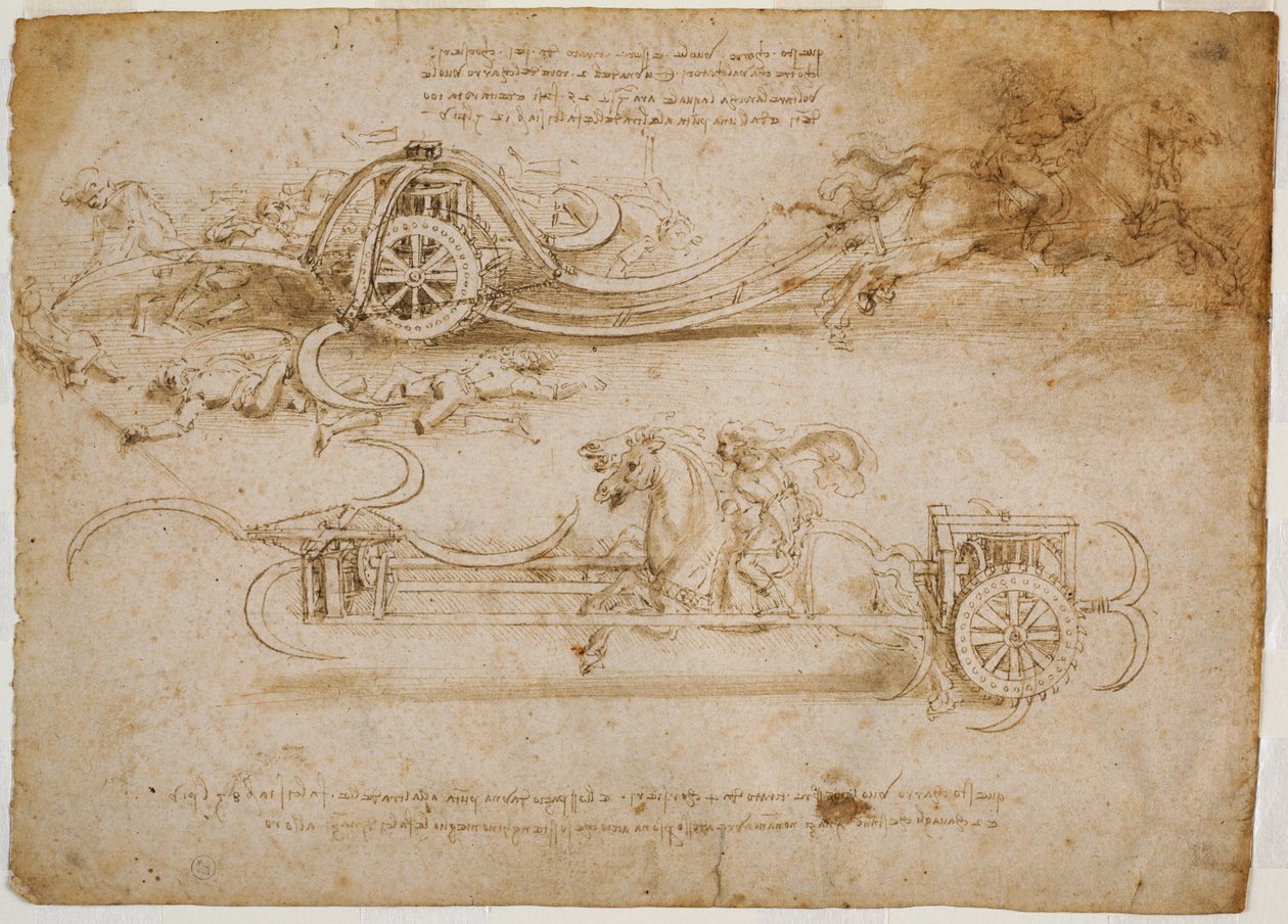 Undersøgelser af kampvogne med le, ca. 1485 (pen og brunt blæk med spor af metallisk spids på papir) af Leonardo da Vinci