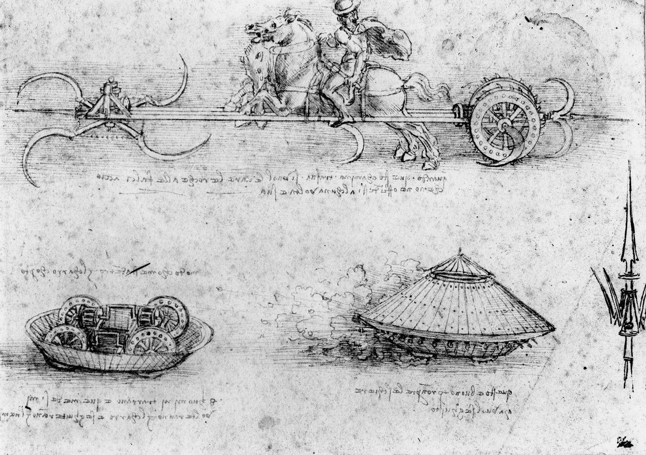 Undersøgelser af militære kampvognslignende maskiner; inklusive en øverst med heste, der trækker en tingest med roterende le, ca. 1485 (pen og blæk og brun vask på papir) af Leonardo da Vinci