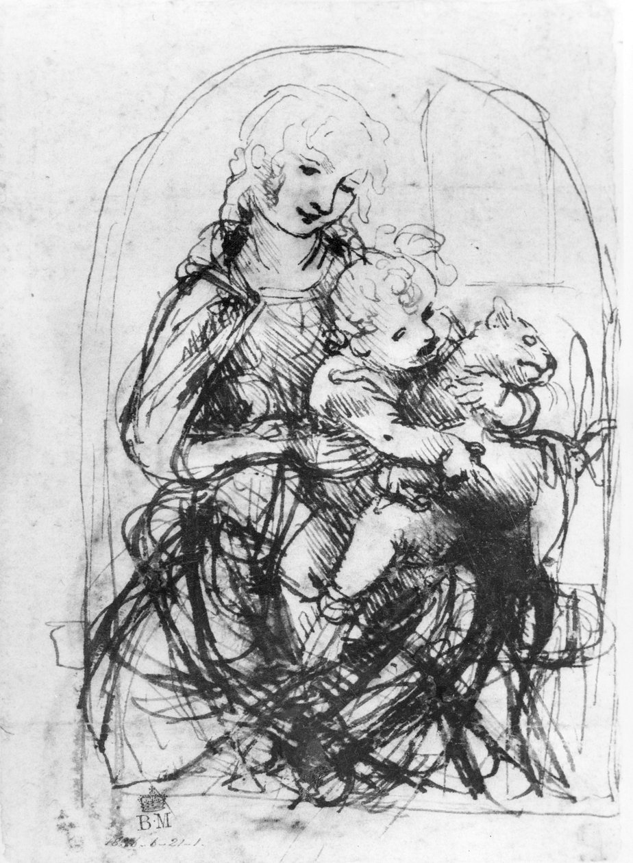 Studie for en Madonna med en kat, ca. 1478-80 (pen og blæk over stylus undertegning på papir) af Leonardo da Vinci