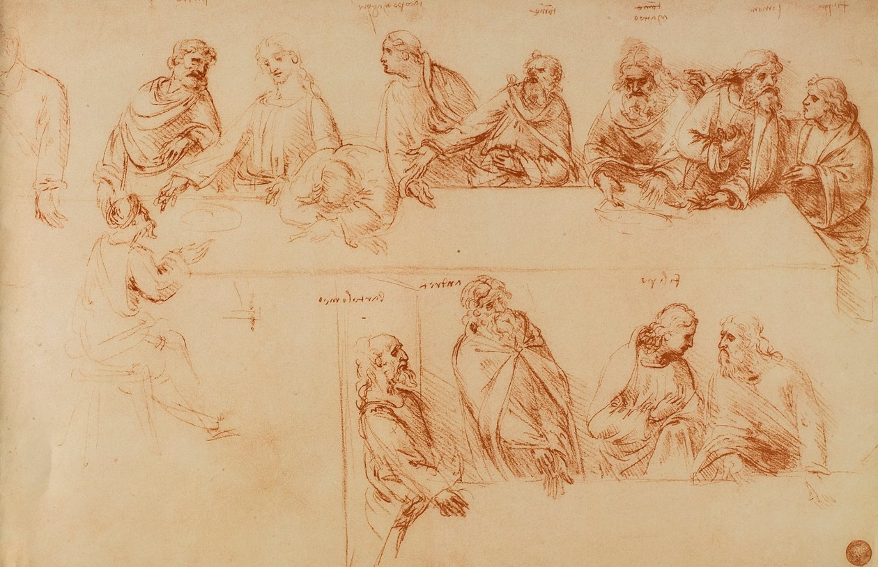 Studie til den sidste nadver: sangvinsk tegning af Leonardo da Vinci. Gallerie dellAccademia, Venedig af Leonardo da Vinci