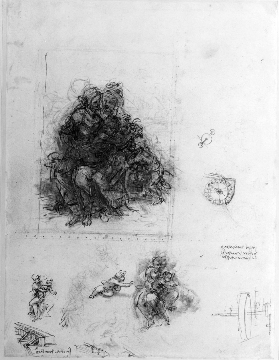 Studie for Jomfruen og Barnet med St. Anne, ca. 1501 (pen og blæk over sort kridt på papir) af Leonardo da Vinci