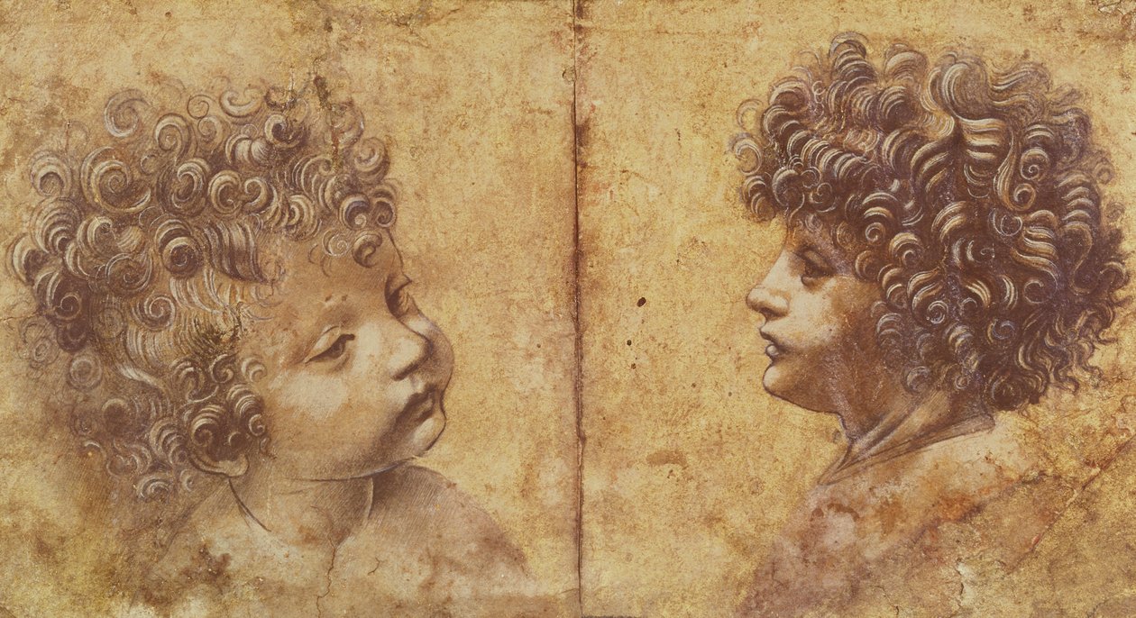 Studie af et barns hoved (rødt kridt forhøjet med hvidt på papir) af Leonardo da Vinci