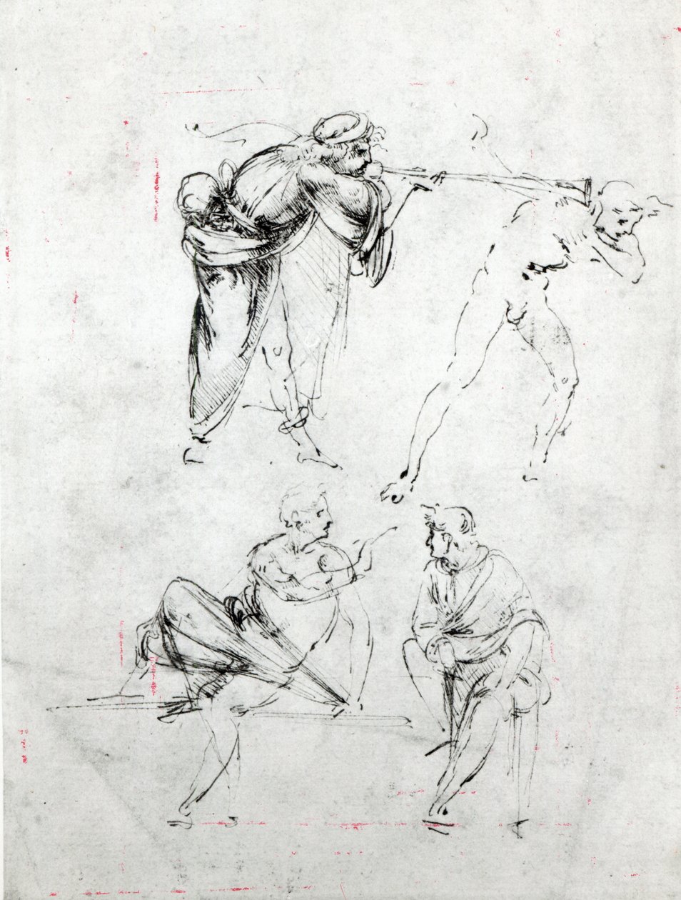 Studie af en mand, der blæser en trompet i en andens øre, og to skikkelser i samtale, ca. 1480-82 (pen og blæk på papir) af Leonardo da Vinci
