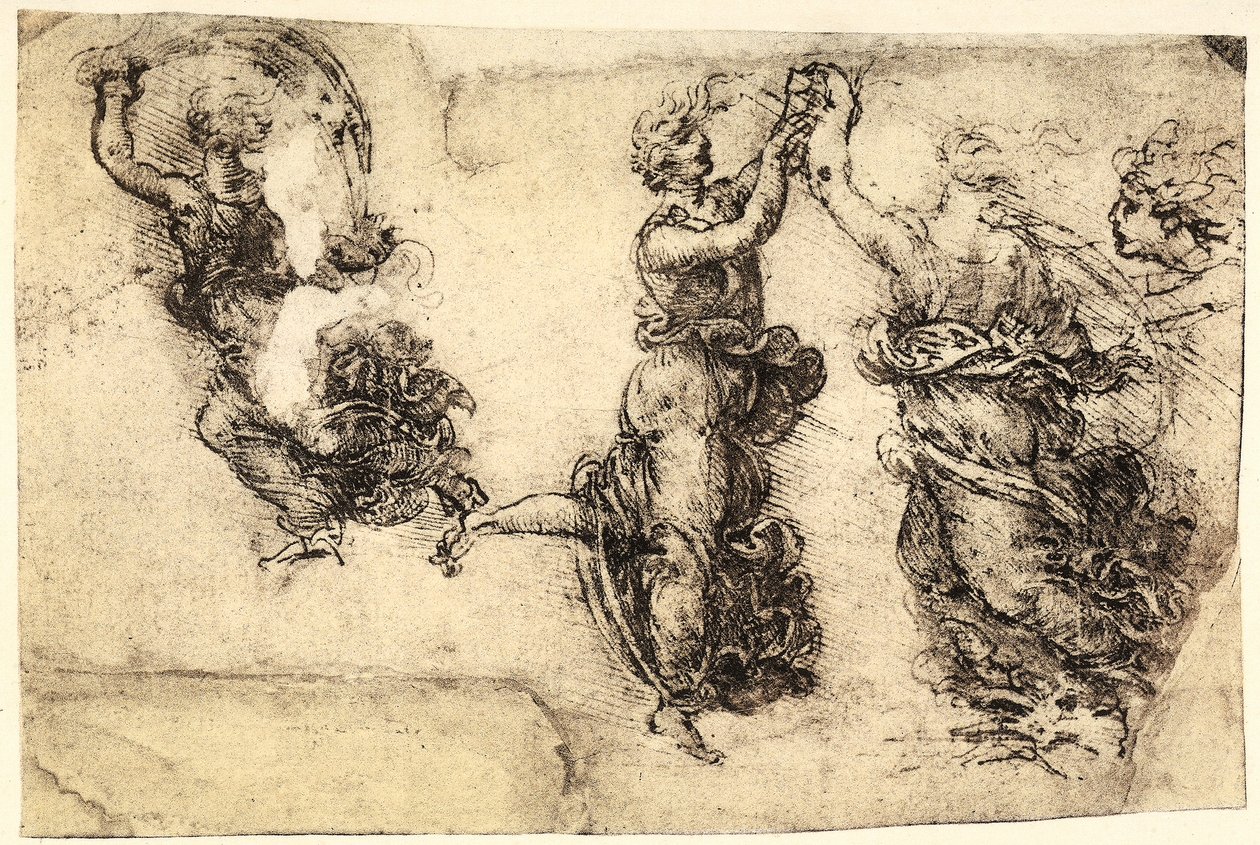 Studie af nogle dansende kvindefigurer; pentegning på papir, der er blevet gult af Leonardo da Vinci og opbevaret på Akademiets Galleri, Venedig. af Leonardo da Vinci