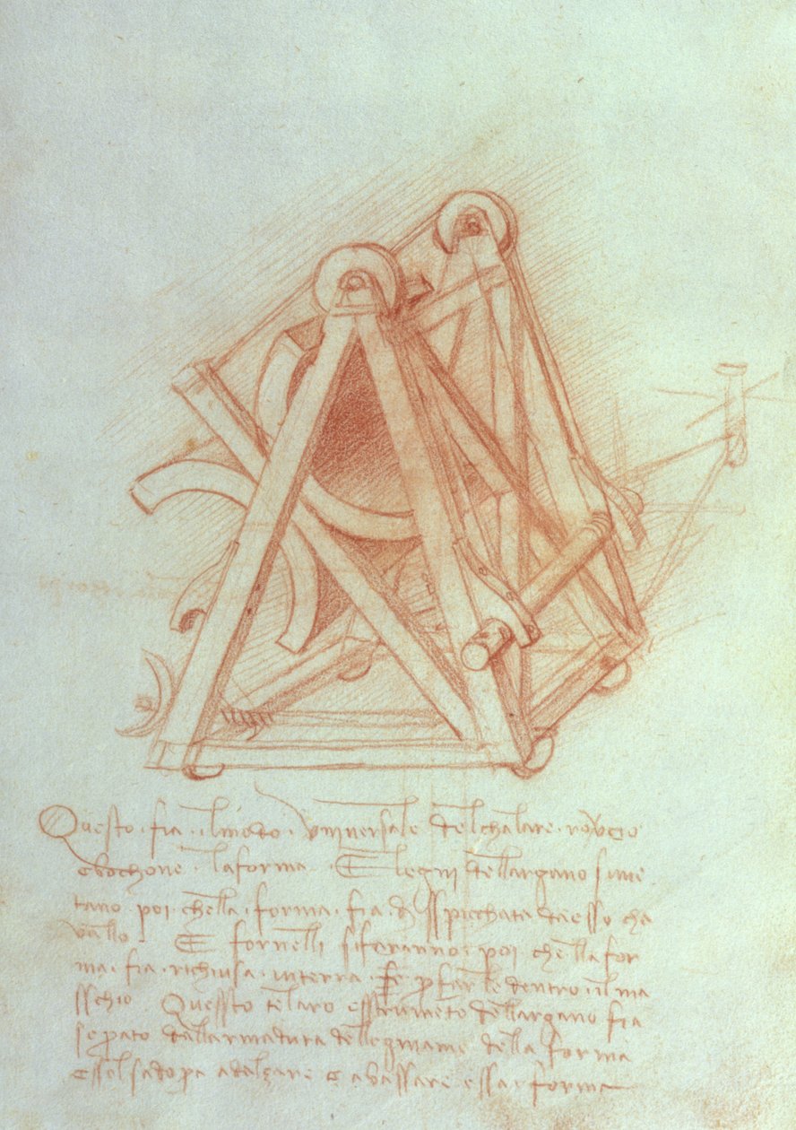 Undersøgelse af træskelet med støbeform til Sforza-hesten, fol. 154v fra Codex Madrid II, c.1491-93 (pen og brunt blæk på papir) af Leonardo da Vinci