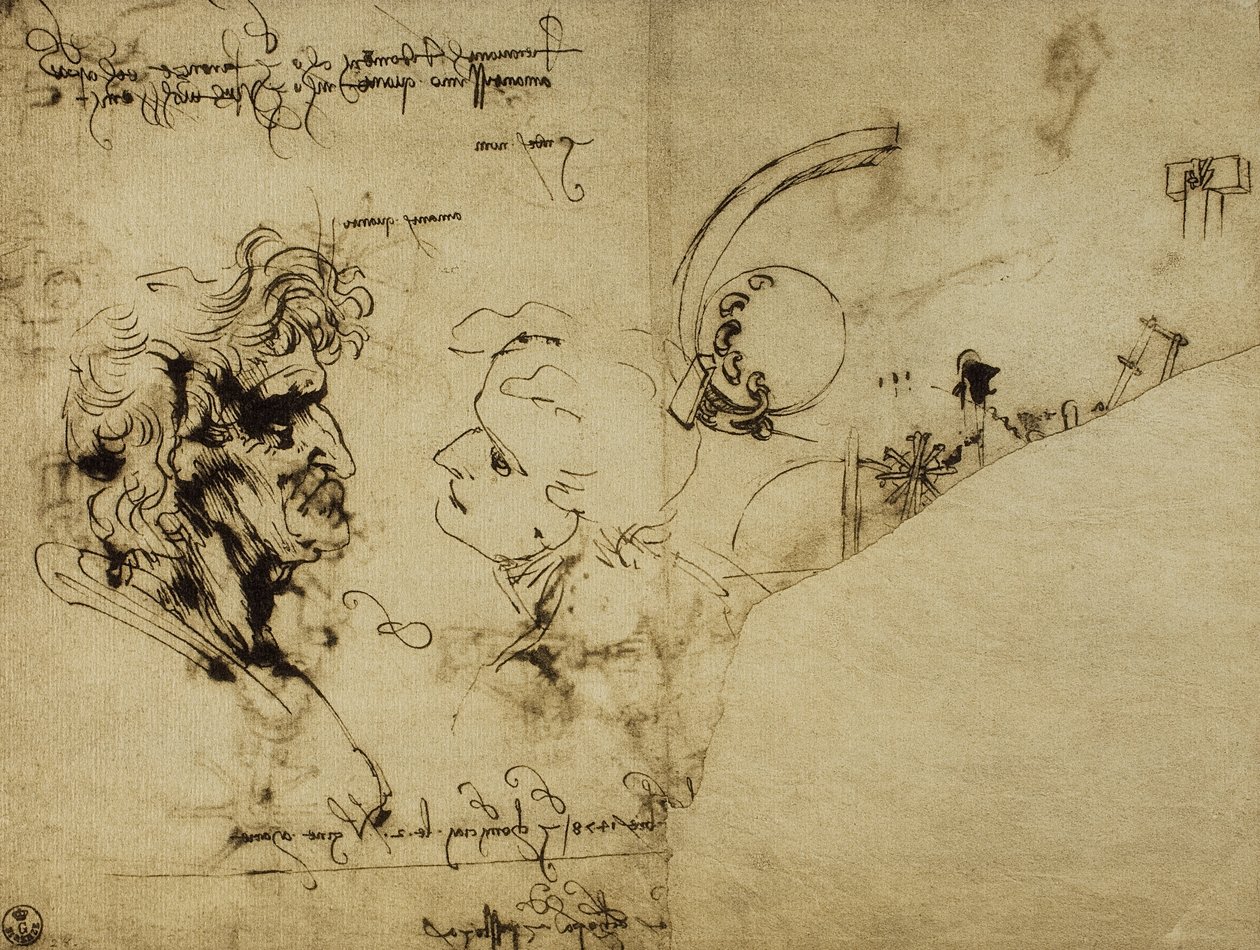 Undersøgelse af forskellige figurer og en gammel mands hoved; tegning af Leonardo da Vinci. Kabinet for tegninger og tryk, Uffizi Gallery, Firenze af Leonardo da Vinci