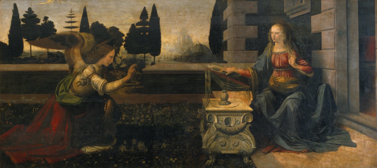 Bebudelsen, 1472-75 (før restaureringen) af Leonardo da Vinci