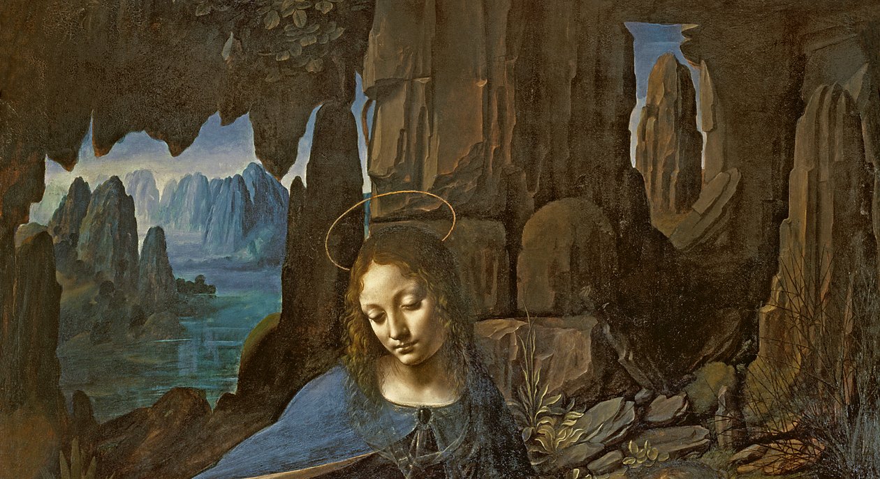 The Virgin of the Rocks med spædbarnet St. John tilbeder spædbarnet Kristus ledsaget af en engel, c.1508 olie på paneldetalje af 28916 af Leonardo da Vinci