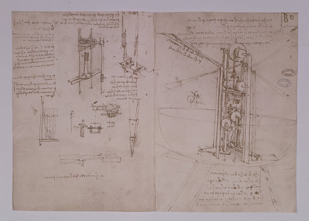 Lodret stående fuglevinget flyvemaskine, fol. 80r fra Paris Manuscript B, 1488-90 (pen og blæk på papir) af Leonardo da Vinci