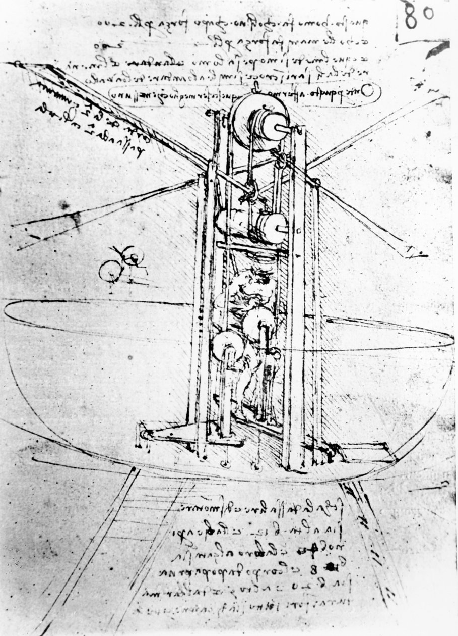 Lodret stående fuglevinget flyvemaskine, fol. 80r fra Paris Manuscript B, 1488-90 (pen og blæk på papir) af Leonardo da Vinci