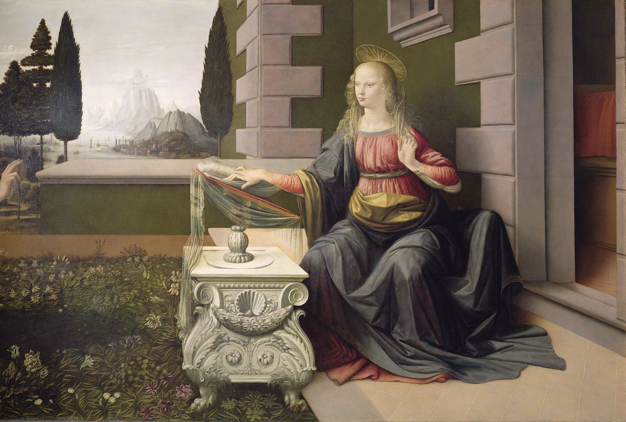 Jomfru Maria, fra bebudelsen, 1472-75 (detaljer) (efter restaurering) af Leonardo da Vinci