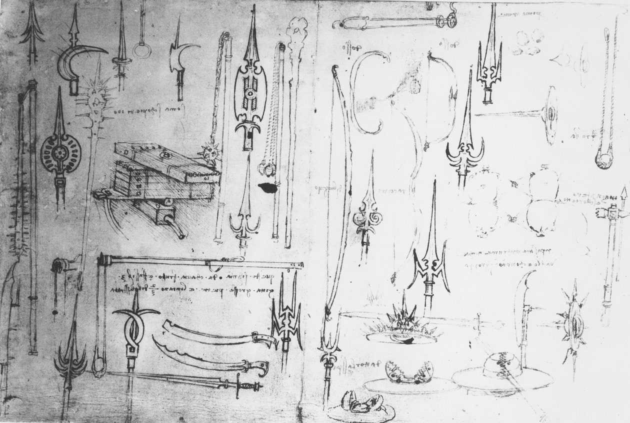 Våben og skjolde, ca.1487-88 (metalpoint med pen og blæk på papir) af Leonardo da Vinci