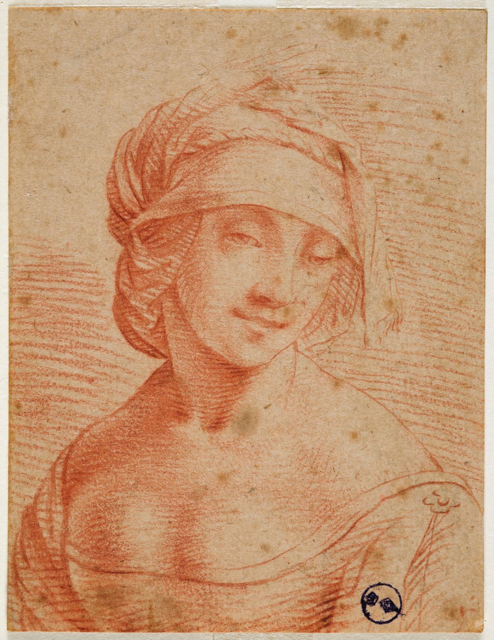 Buste af en ung kvinde med kasket, første halvdel af det 16. århundrede (blod på papir) af Leonardo da follower of Vinci