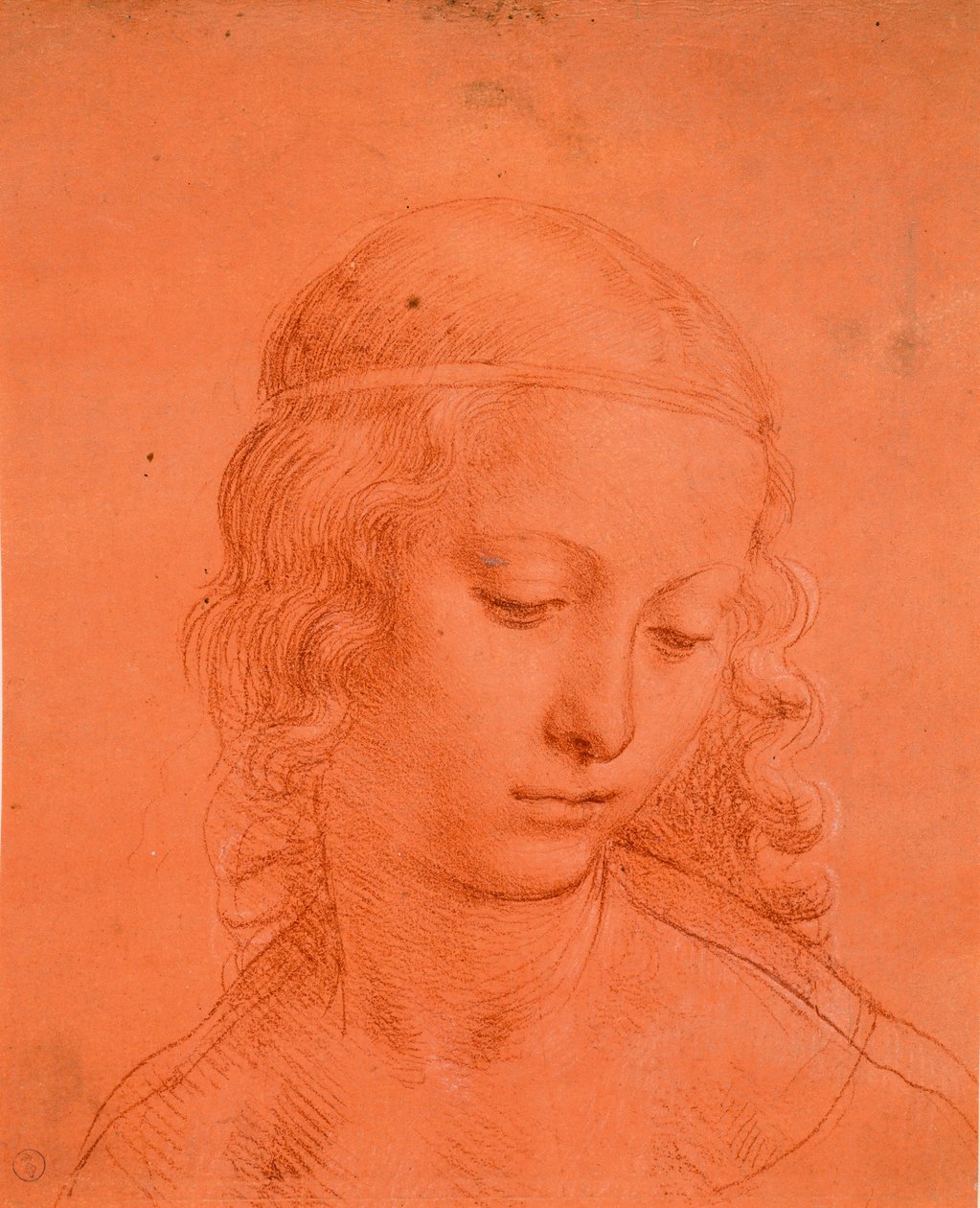 Jomfruhoved, ca. 1508-10 (blod med hvid lak på præpareret rødt papir) af Leonardo da school of Vinci
