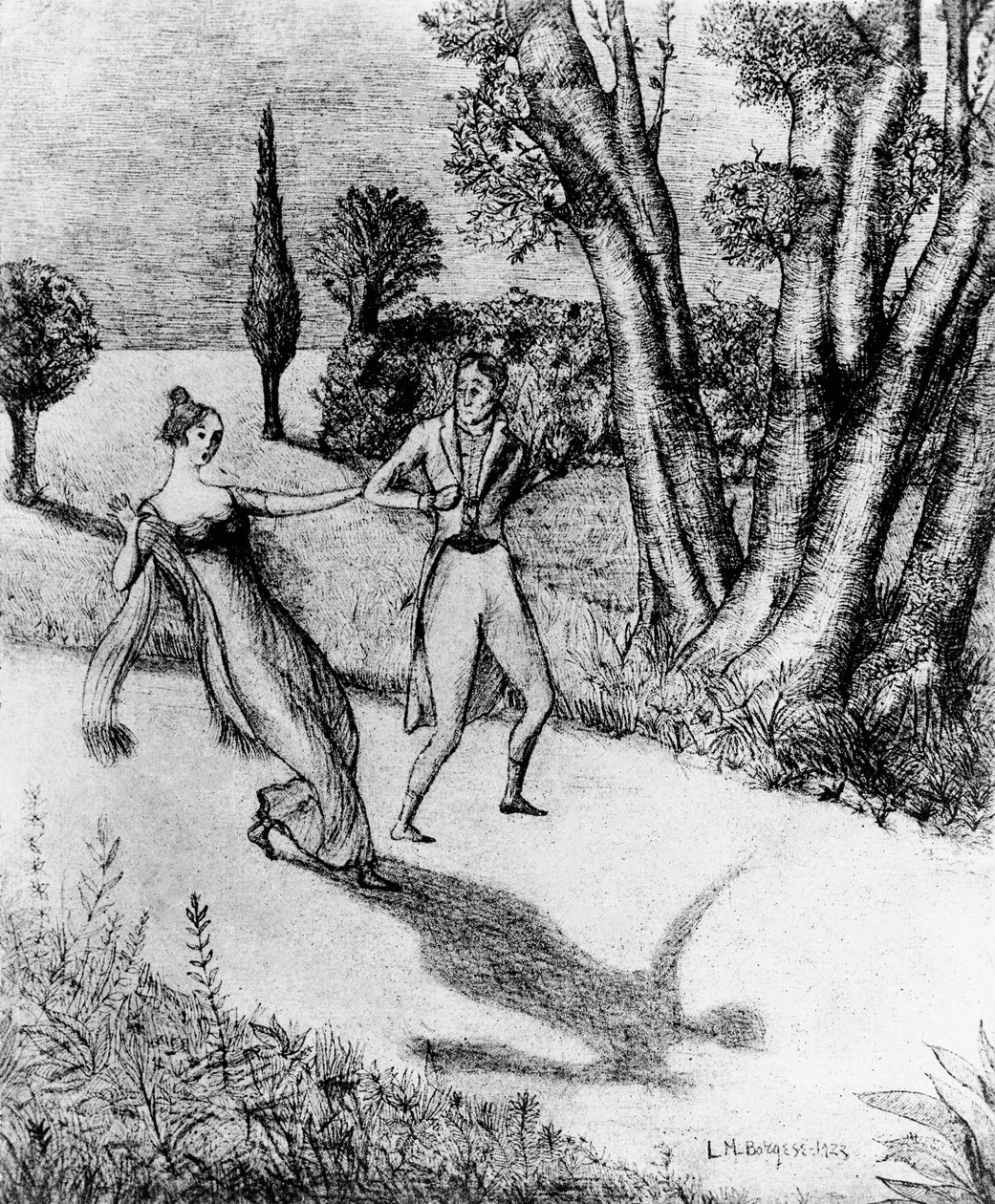 Peter, skræmmende Shadow less man, illustration til Peter Schlemihls mirakuløse historie, novelle af Adalbert von Chamisso (1781-1838), litografi efter maleri af Leonardo Borgese (1904-1986), udgivet af Modiano af Leonardo Borgese