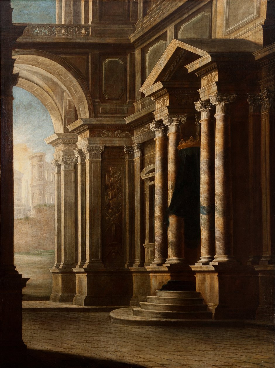 Udsigt til det indre af en bygning af Leonardo Coccorante