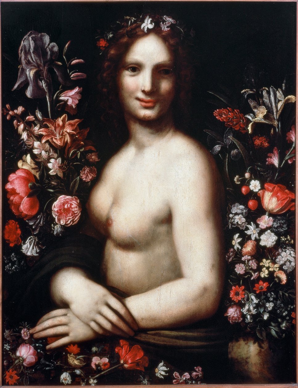 Buste af en ung kvinde kaldet Flora (Flora) blandt blomsterne. Modellen ville være Mona Lisa (Mona eller Monna Lisa) maleri efter en tegning af Leonardo da Vinci (Leonard de Vinci) (1452-1519) 17. århundrede Bergamo, accademia Carrara af Leonardo da (after) Vinci