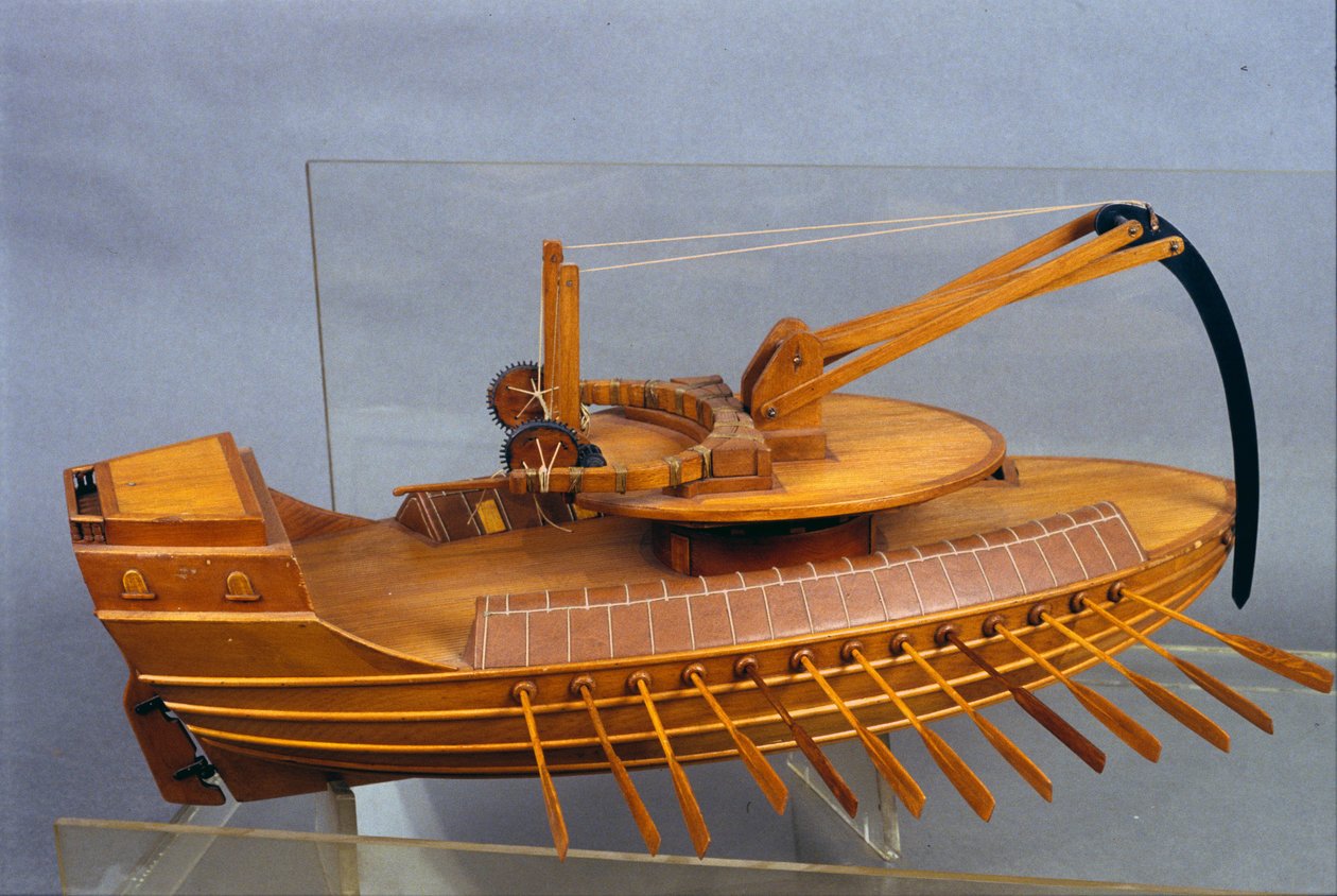 Escorpio, båd med eperon. Model fra tegningen af Leonardo da Vinci (Leonardo da Vinci). Museum for Videnskab og Teknologi, Milano. af Leonardo da (after) Vinci