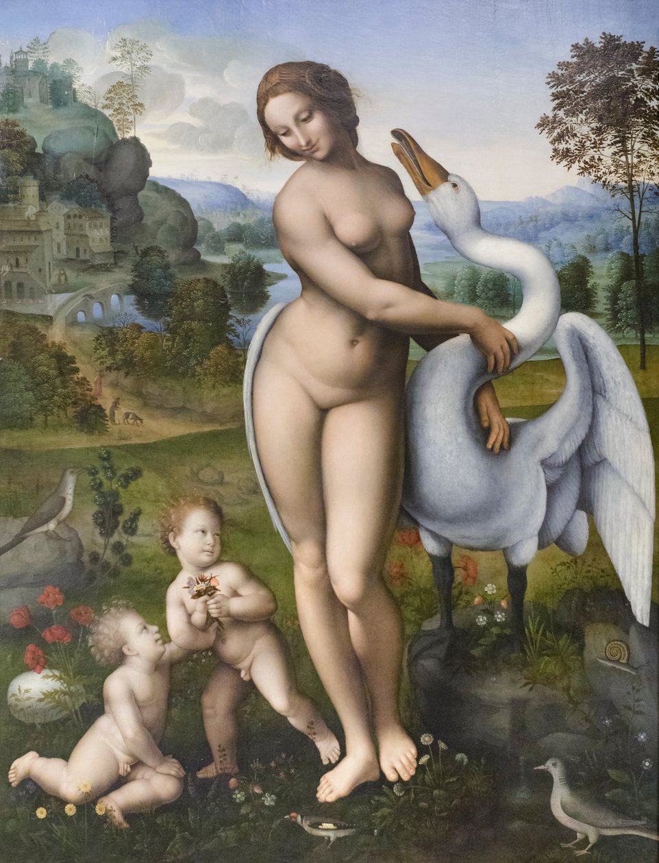 Leda og svanen, kopi efter Leonardo da Vinci (tempera på panel) af Leonardo da (after) Vinci