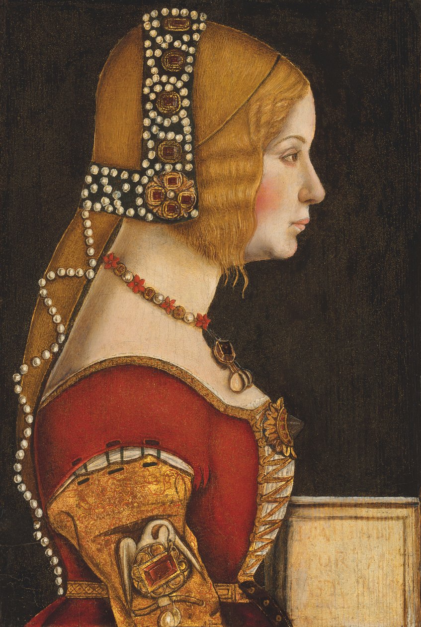 Portræt af Isabella af Aragon, hertuginde af Milano (1470-1524), halvfigur, i profil mod højre (olie på panel) af Leonardo da (circle of) Vinci
