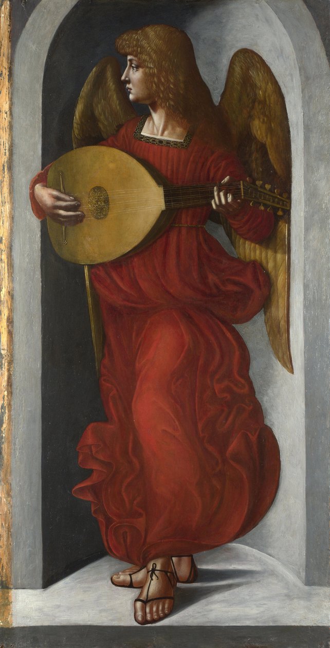 ""En engel i rødt, der spiller lut"" Maleri fra entourage af Leonardo da Vinci (Leonarda da Vinci) (1452-1519) omkring 1490-1499 London National Gallery af Leonardo da (circle of) Vinci