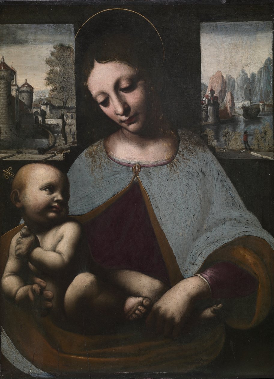 Jomfru og barn, ca. 1500 (olie på træ) af Leonardo da (circle of) Vinci