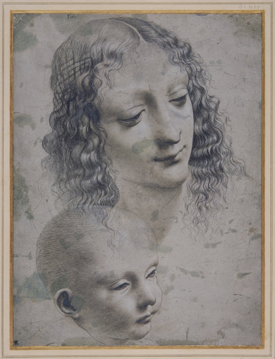 Hovedet af en kvinde og hovedet af en baby (metalspids på gråt forberedt papir) af Leonardo da (follower of) Vinci