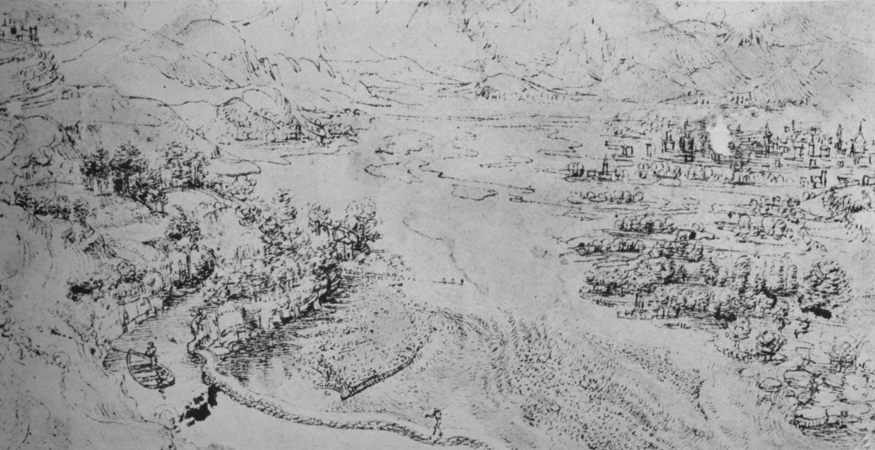 En bred flod med en kanal, der løber ved siden af, c1480 1945 af Leonardo da Vinci