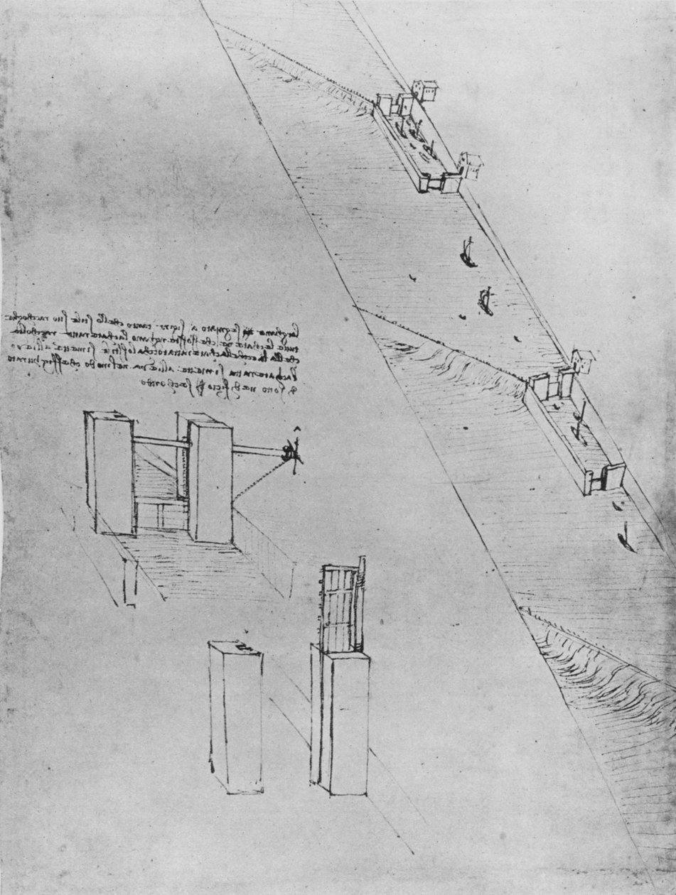 En kanal med sluser og dæmninger, c1480 1945 af Leonardo da Vinci
