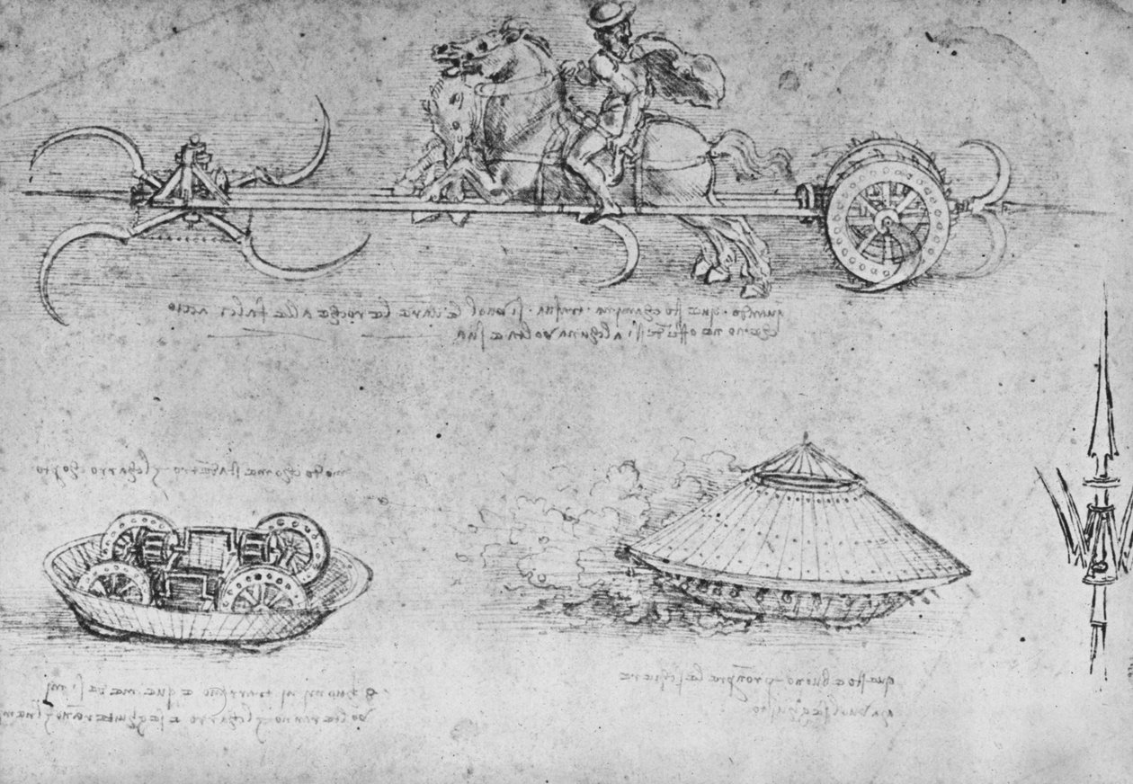 En vogn bevæbnet med le, to tegninger af en slags kampvogn og en partisan, c1480 1945 af Leonardo da Vinci