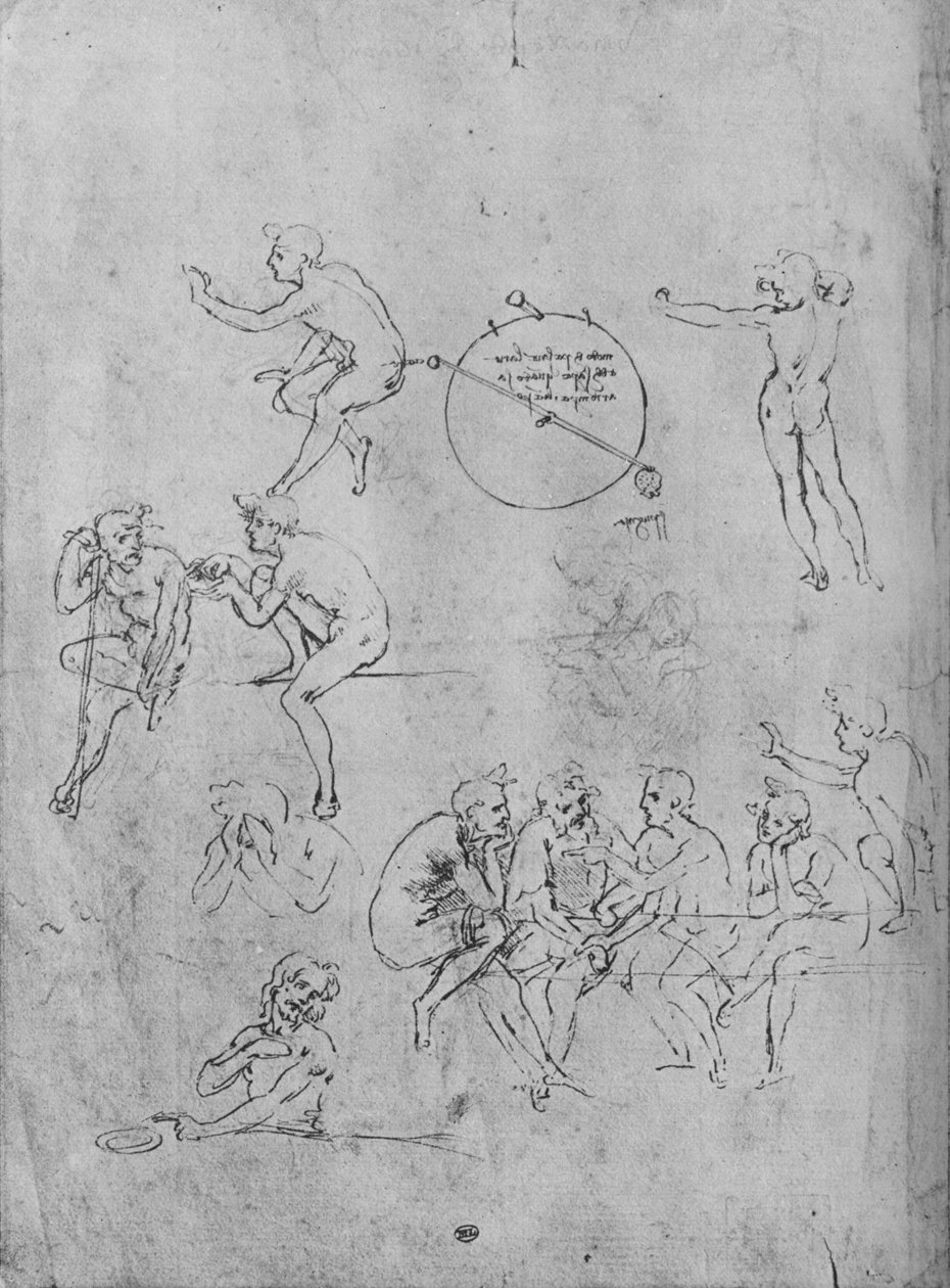 En gruppe personer, der samtaler ved et bord, to personer i samtale og andre, 1481-1483 1945 af Leonardo da Vinci