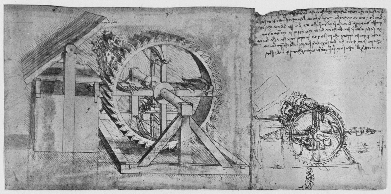 Et stort hjul som er løst og affyrer fire armbrøster i rækkefølge, c1480, 1945 af Leonardo da Vinci