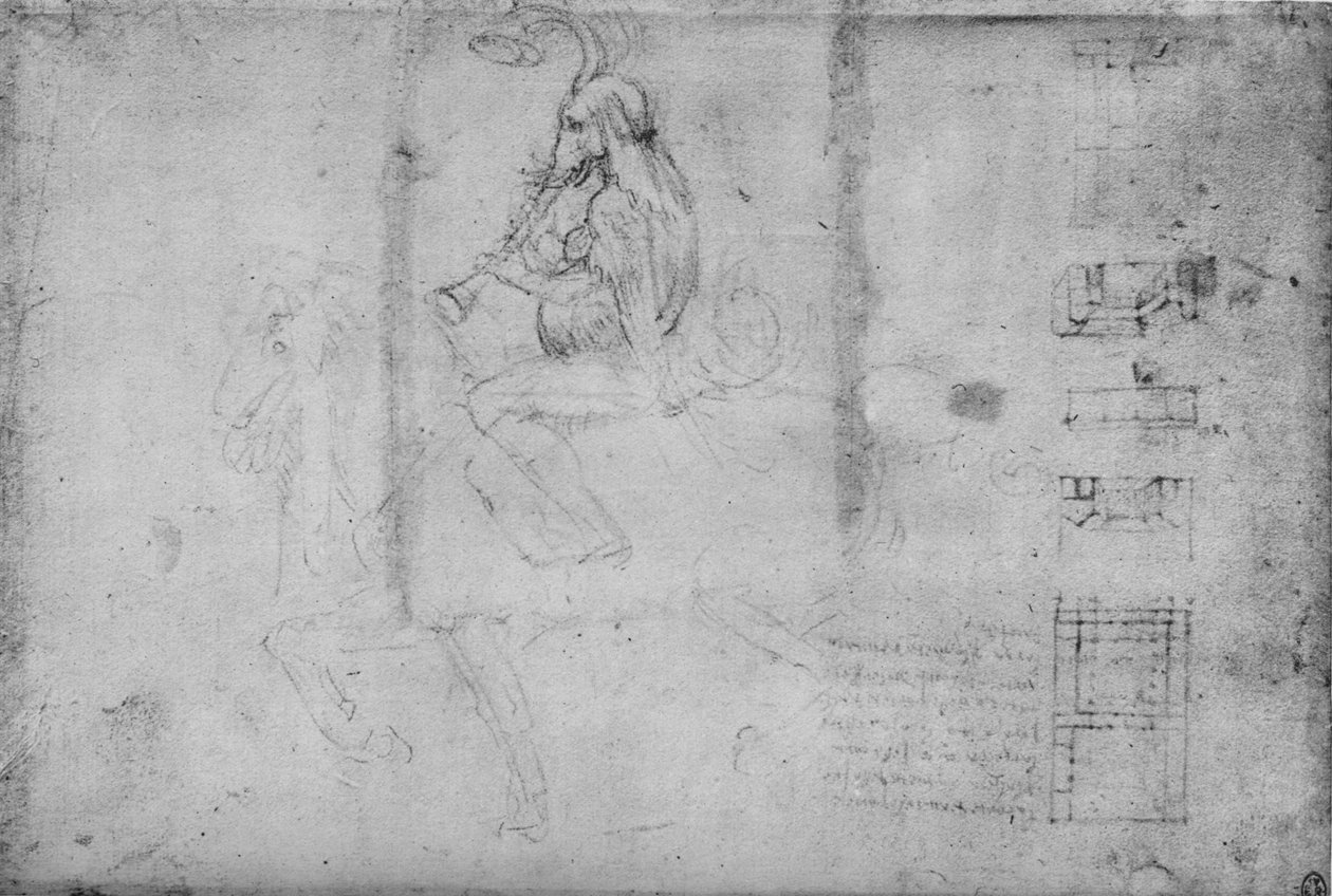 En mand med hovedet af en elefant, der rider på hesteryg og arkitektoniske skitser, c1480 1945 af Leonardo da Vinci
